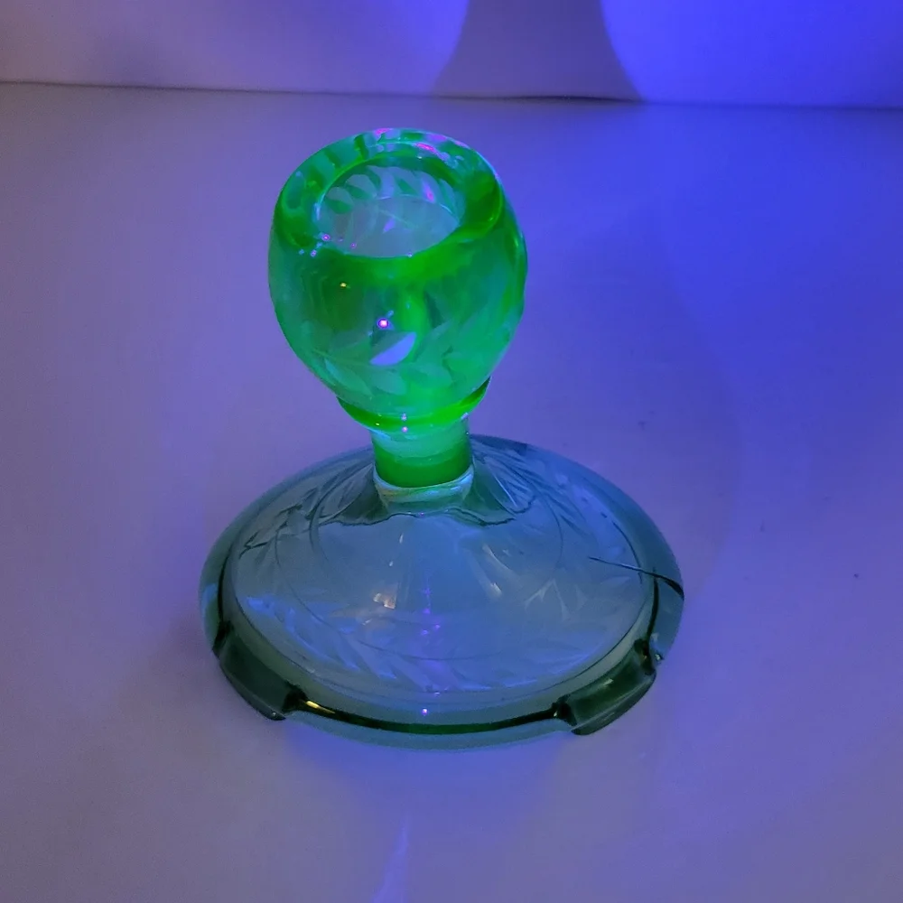 Vintage Fostoria Uranium Glass Candlestick Glowy Glass
